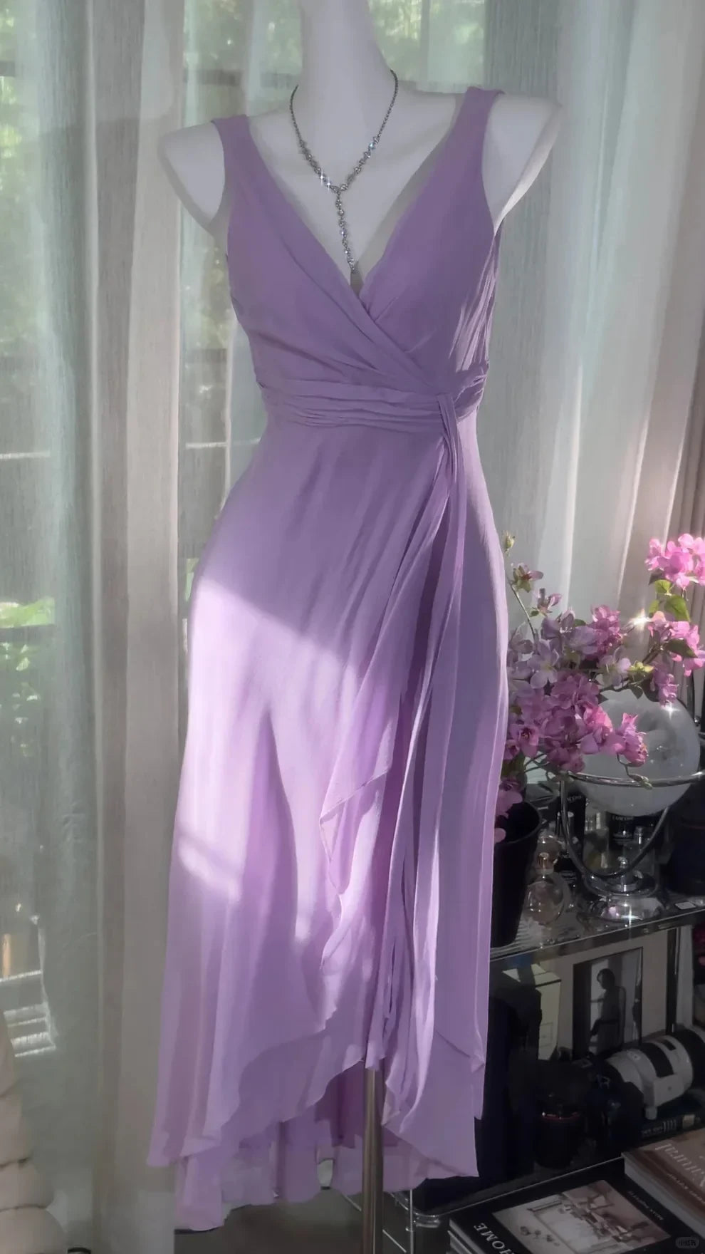Elegant A-Line V-Neck Sleeveless Draped Lavender High-Low Homecoming Dress