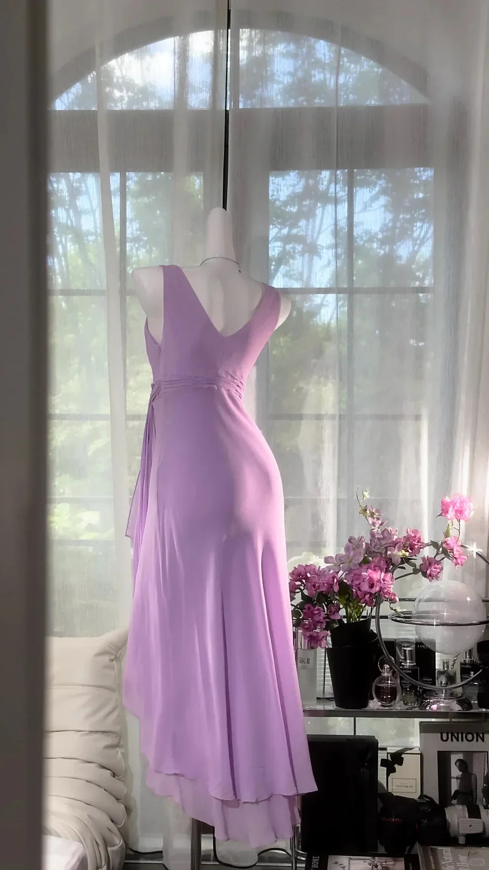 Elegant A-Line V-Neck Sleeveless Draped Lavender High-Low Homecoming Dress
