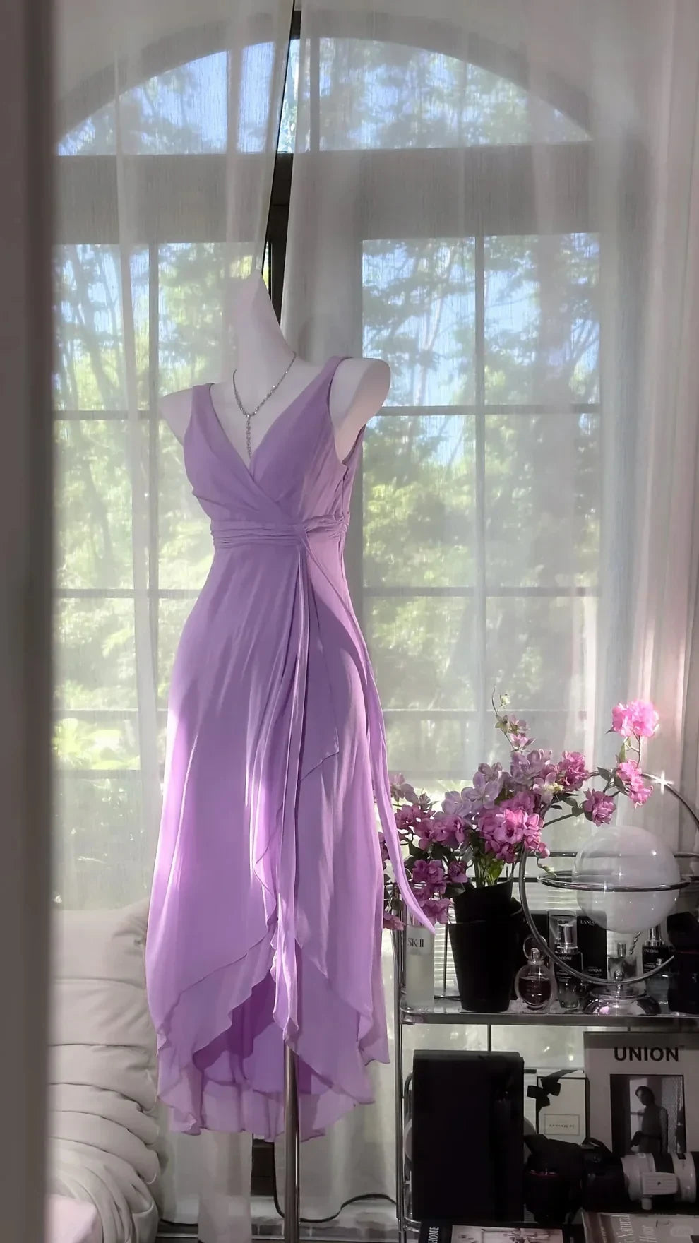 Elegant A-Line V-Neck Sleeveless Draped Lavender High-Low Homecoming Dress