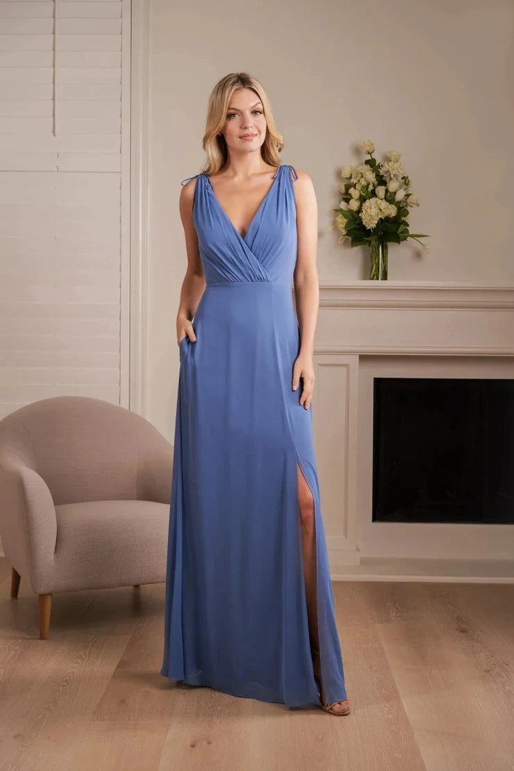 Elegant A-Line V-Neck Sleeveless Draped Side Slit Dusty Blue Prom Gown