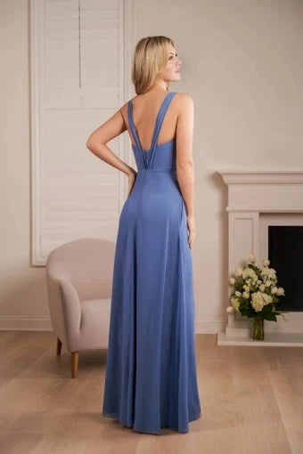 Elegant A-Line V-Neck Sleeveless Draped Side Slit Dusty Blue Prom Gown