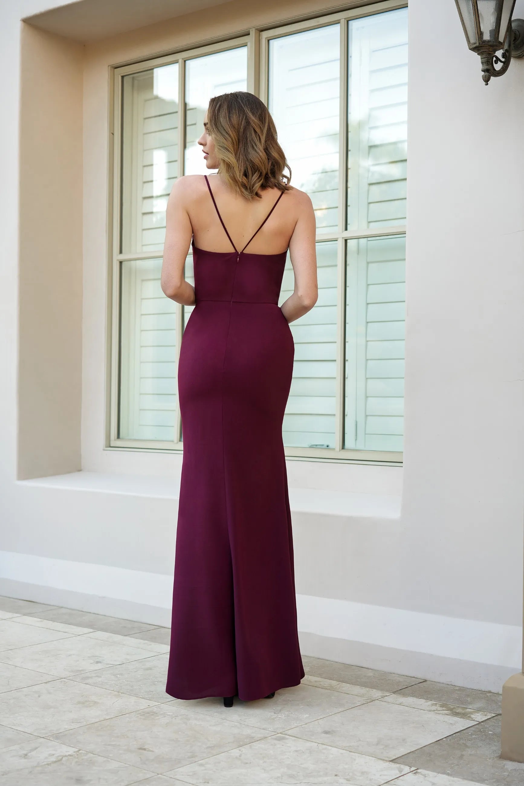 Elegant A-Line V-Neck Sleeveless Draped Slit Burgundy Floor-Length Prom Dresses Gown