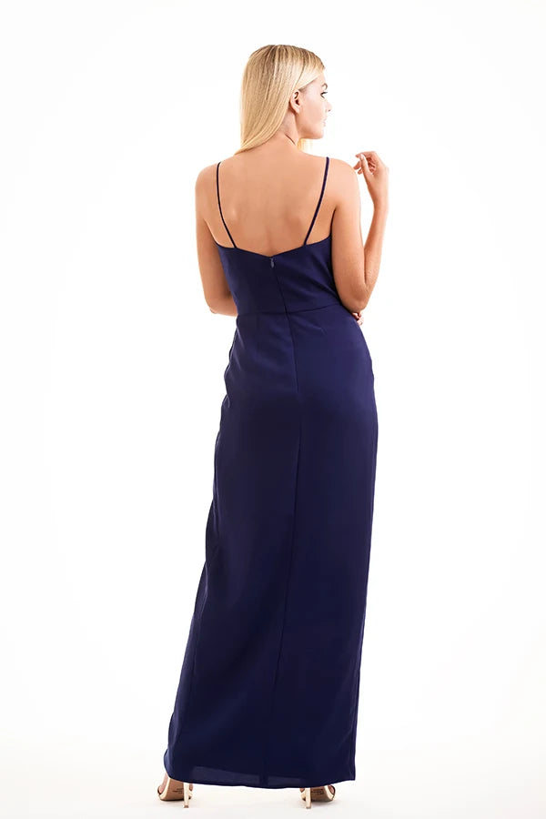 Elegant A-Line V-Neck Sleeveless Draped Slit Navy Blue Floor Prom Dress