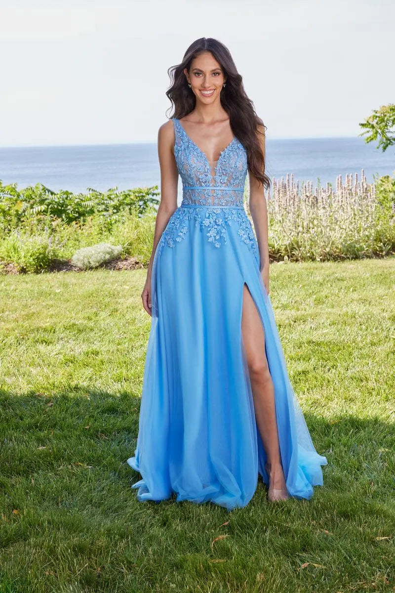 Elegant A-Line V-Neck Sleeveless Embroidered Slit Sky Blue Floor Prom Gown