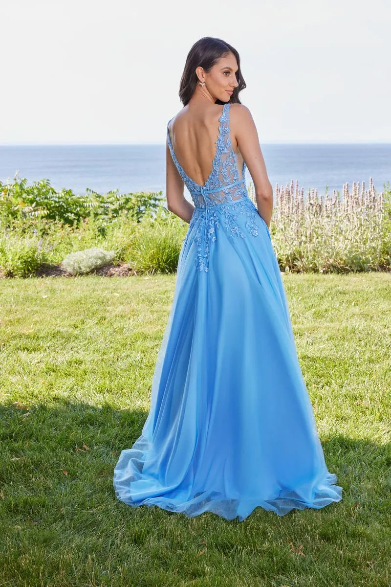 Elegant A-Line V-Neck Sleeveless Embroidered Slit Sky Blue Floor Prom Gown