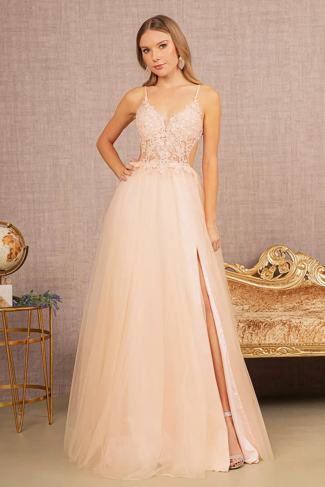 Elegant A-Line V-Neck Sleeveless Floral Applique Peach High Slit Prom Gown