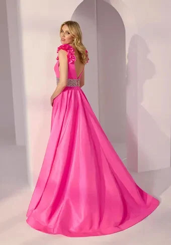 Elegant A-Line V-Neck Sleeveless Floral Beaded Hot Pink Long Prom Dresses For Women