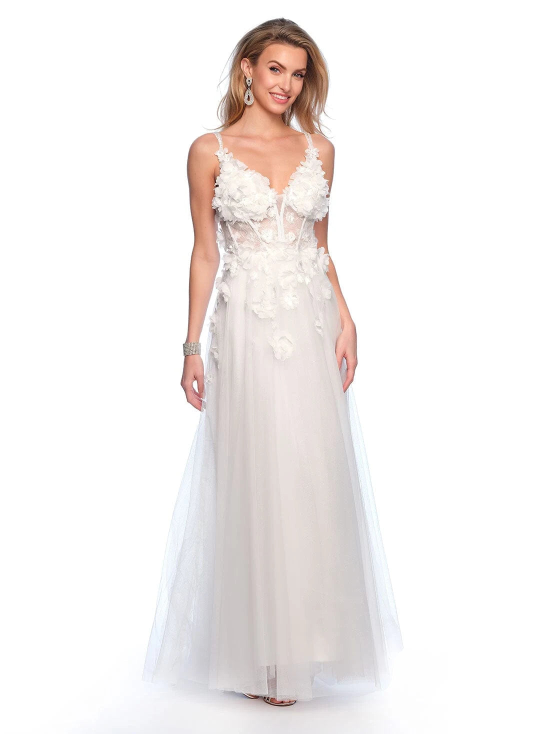 Elegant A-Line V-Neck Sleeveless Floral Ivory Floor-Length Prom Dress for Women