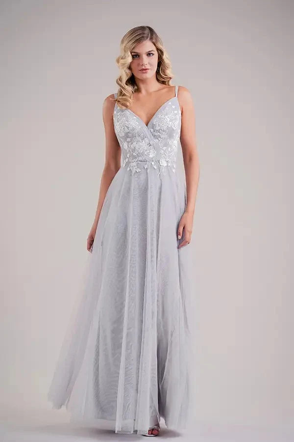 Elegant A-Line V-Neck Sleeveless Floral Lace Silver Grey Floor-Length Prom Dress