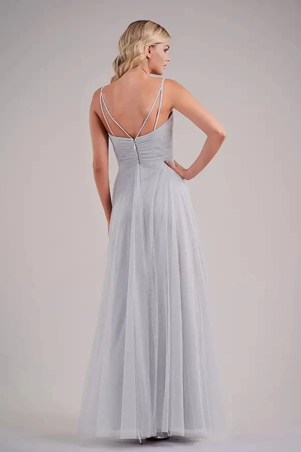 Elegant A-Line V-Neck Sleeveless Floral Lace Silver Grey Floor-Length Prom Dress