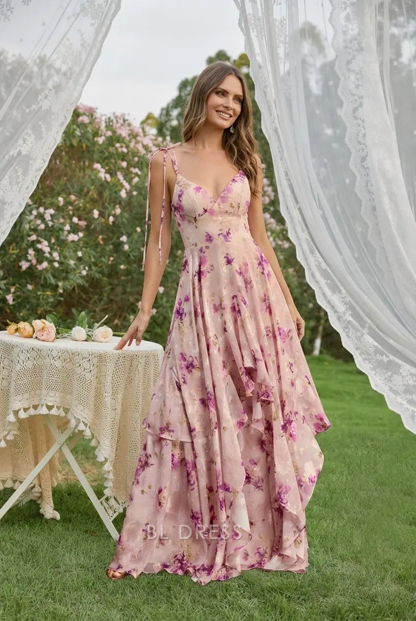 Elegant A-Line V-Neck Sleeveless Floral Ruffled Blush Pink Floor-Length Prom Gown
