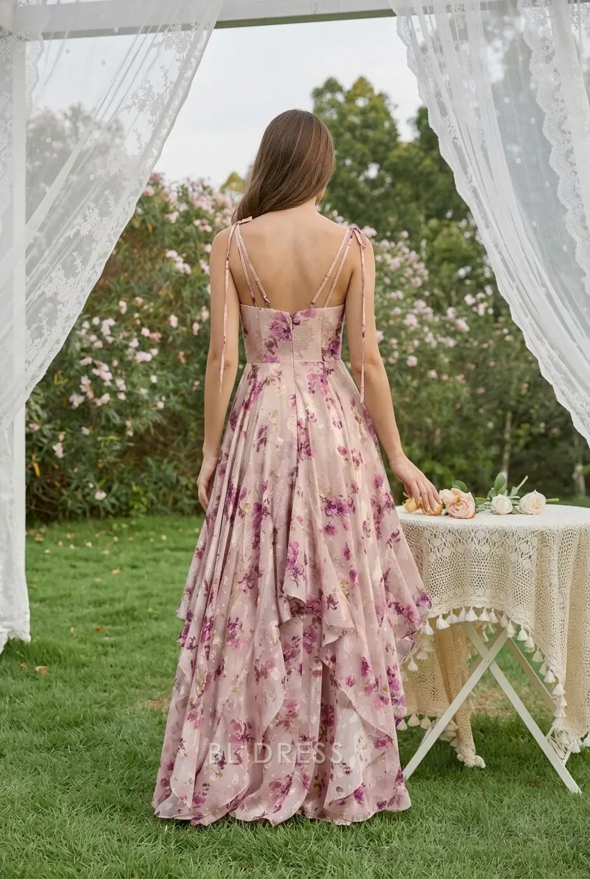 Elegant A-Line V-Neck Sleeveless Floral Ruffled Blush Pink Floor-Length Prom Gown