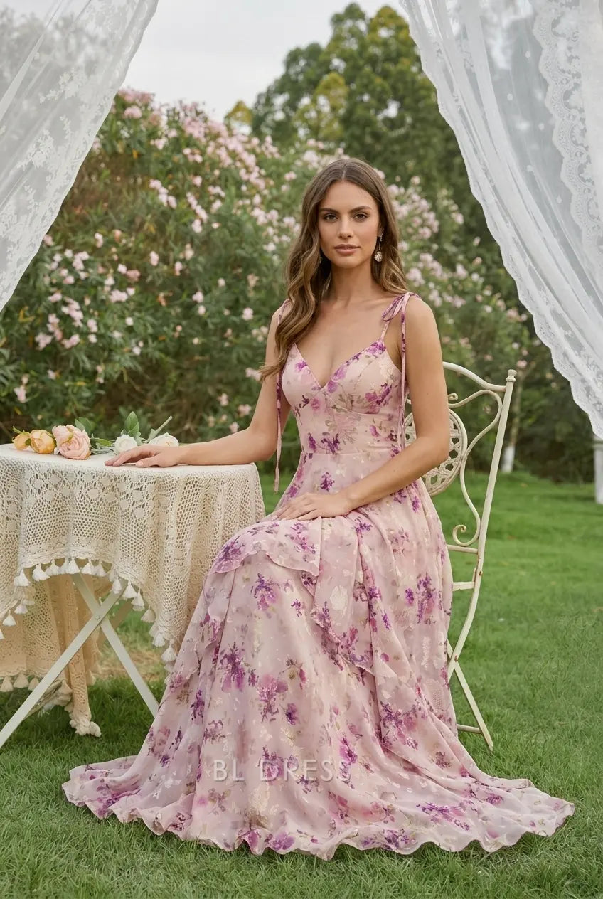 Elegant A-Line V-Neck Sleeveless Floral Ruffled Blush Pink Floor-Length Prom Gown