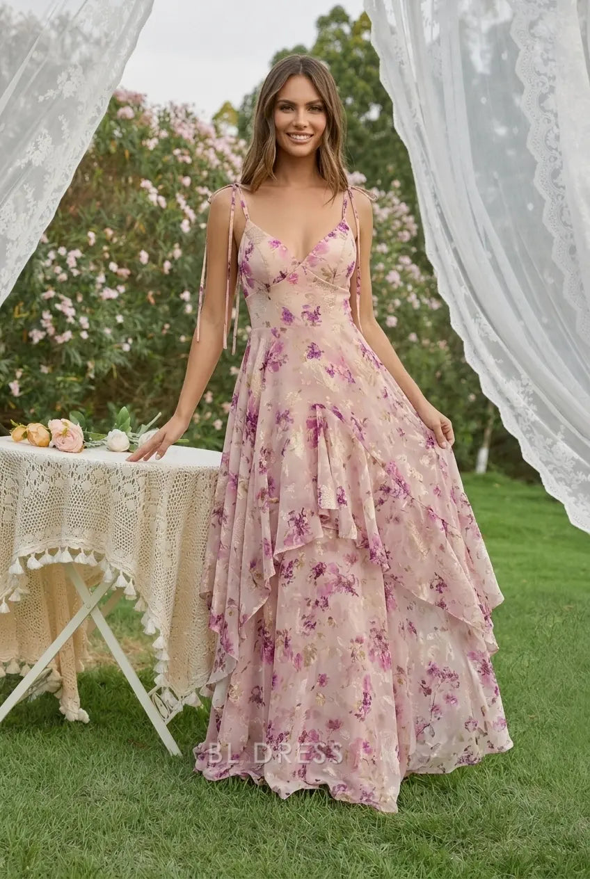 Elegant A-Line V-Neck Sleeveless Floral Ruffled Blush Pink Floor-Length Prom Gown