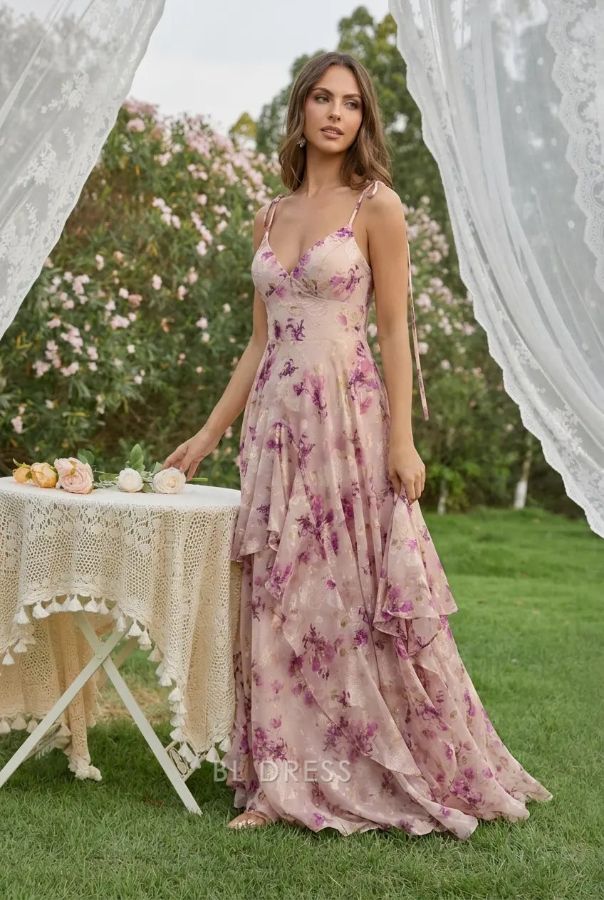 Elegant A-Line V-Neck Sleeveless Floral Ruffled Blush Pink Floor-Length Prom Gown