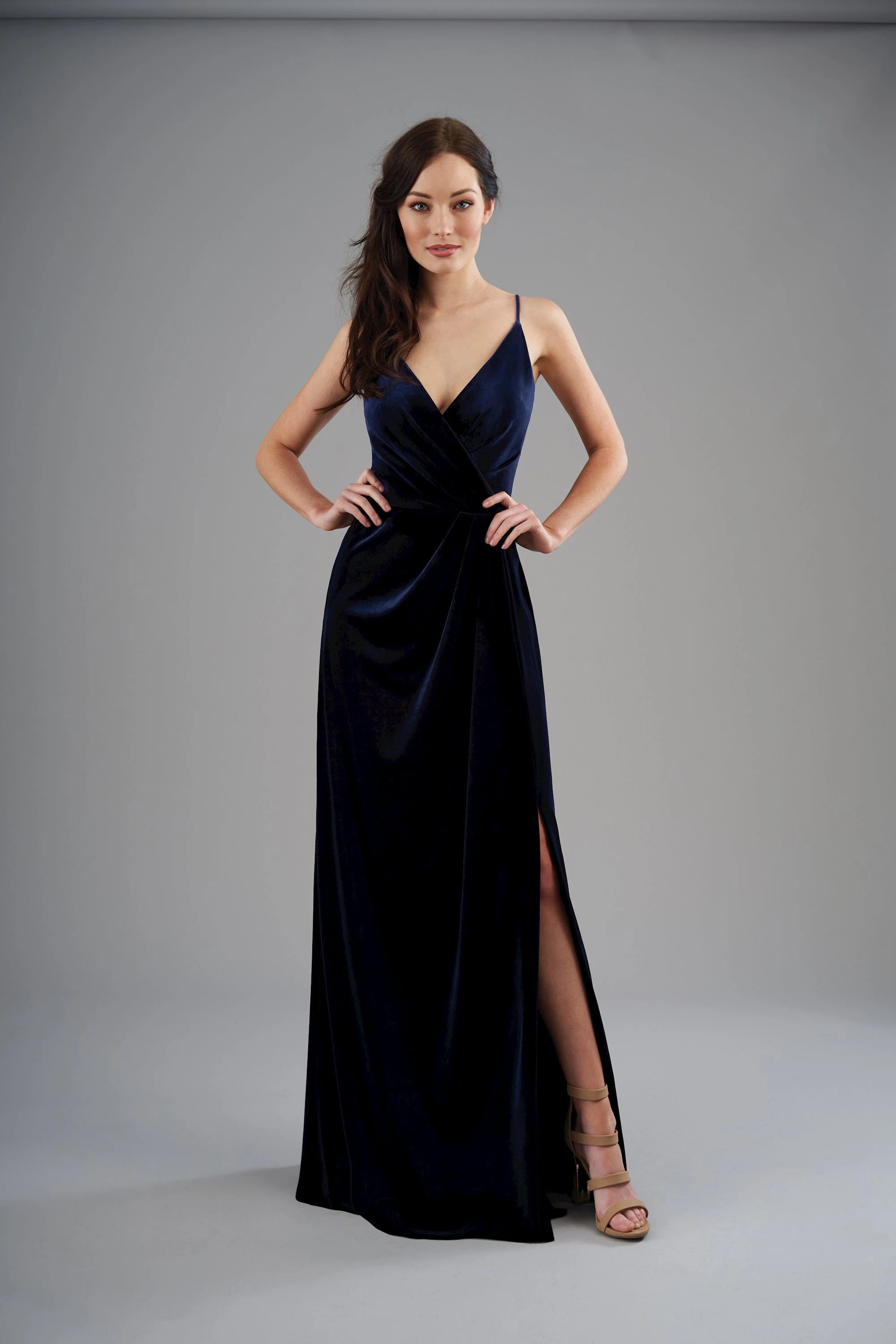 Elegant A-Line V-Neck Sleeveless Glamorous Slit Midnight Blue Floor-Length Prom Gown