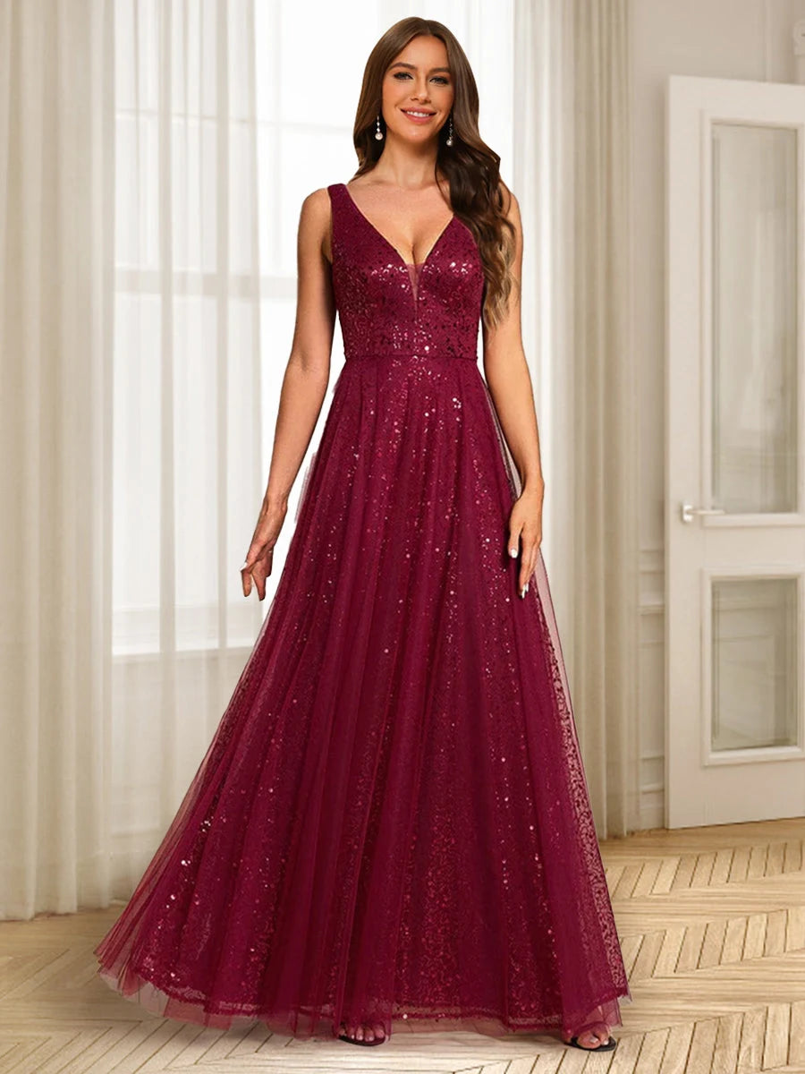 Elegant A-Line V-Neck Sleeveless Glitter Sparkle Burgundy Floor-Length Prom Gown