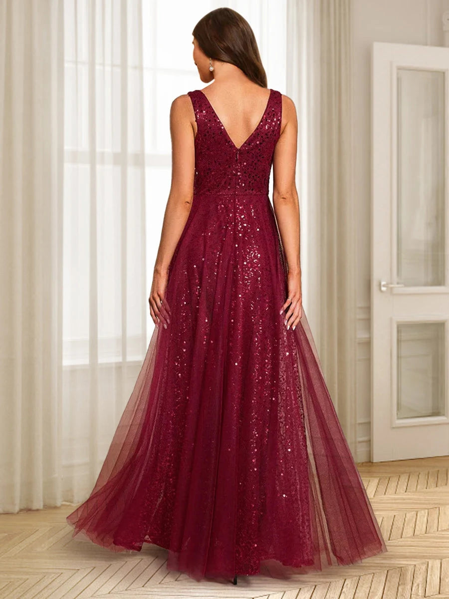 Elegant A-Line V-Neck Sleeveless Glitter Sparkle Burgundy Floor-Length Prom Gown