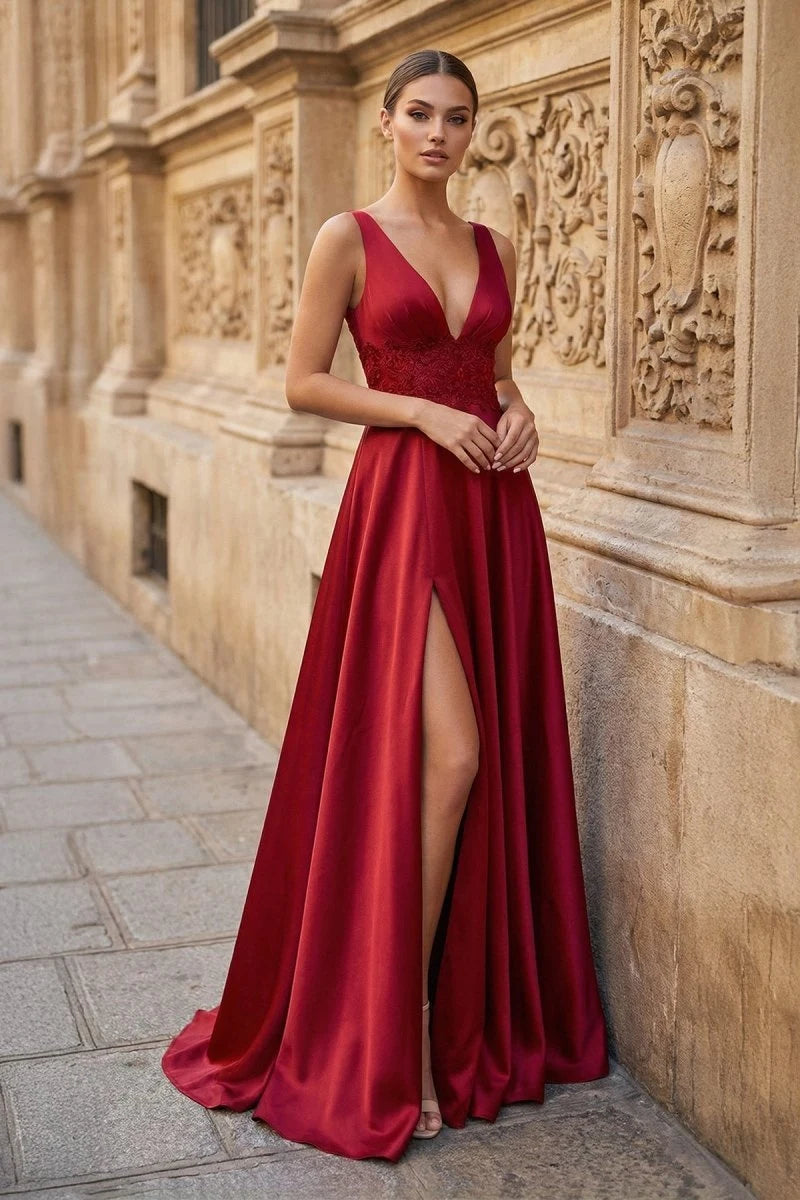 Elegant A-Line V-Neck Sleeveless High-Slit Burgundy Long Prom Dresses Women Gown
