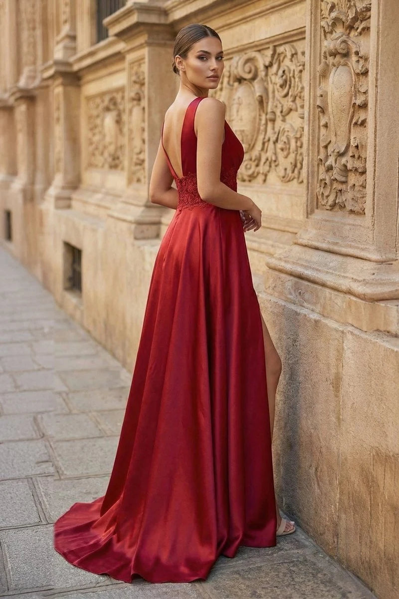 Elegant A-Line V-Neck Sleeveless High-Slit Burgundy Long Prom Dresses Women Gown