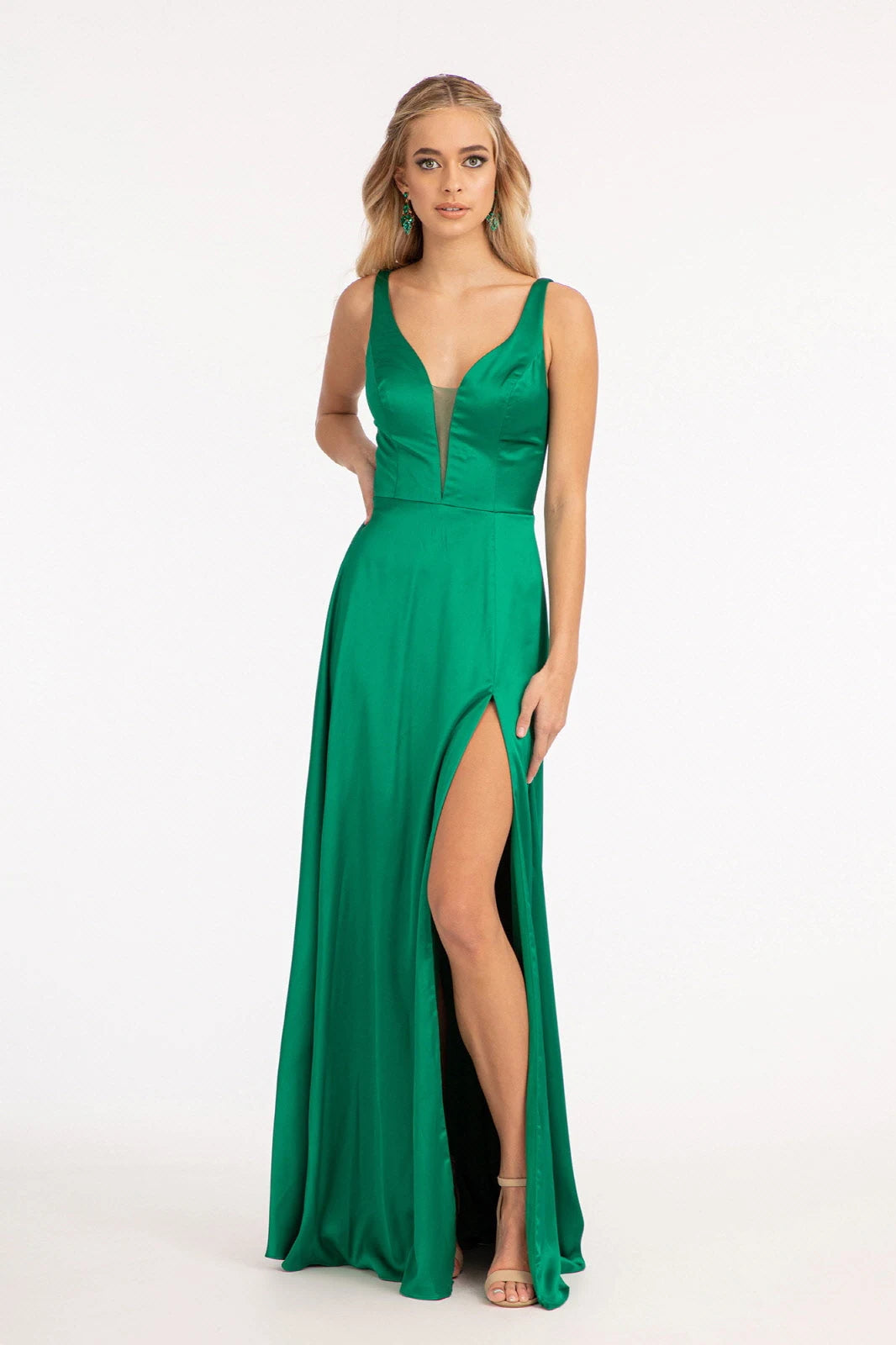 Elegant A-Line V-Neck Sleeveless High Slit Backless Emerald Green Prom Gown