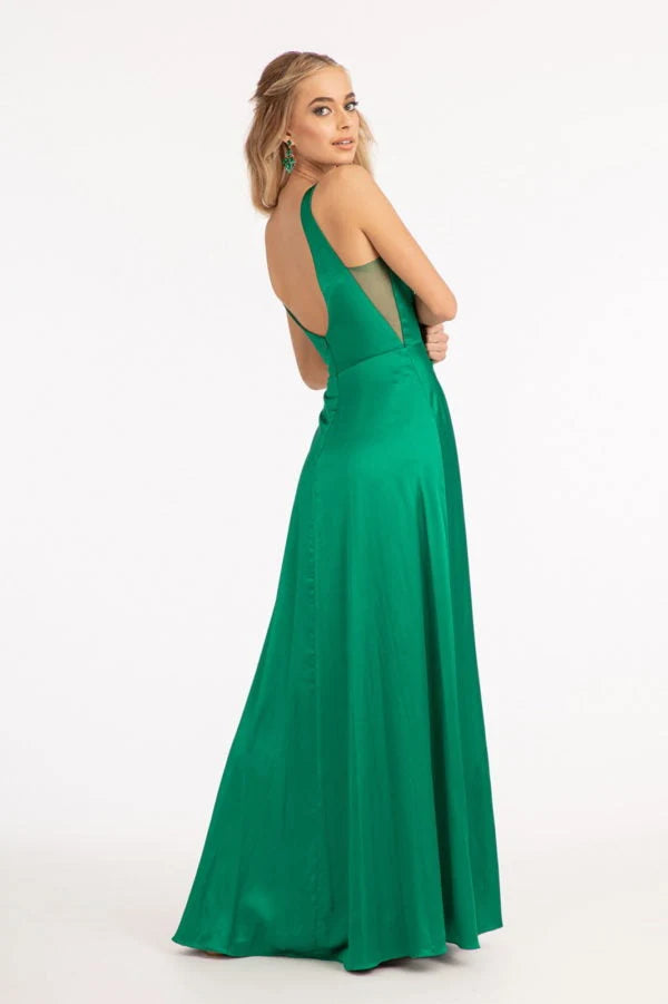 Elegant A-Line V-Neck Sleeveless High Slit Backless Emerald Green Prom Gown
