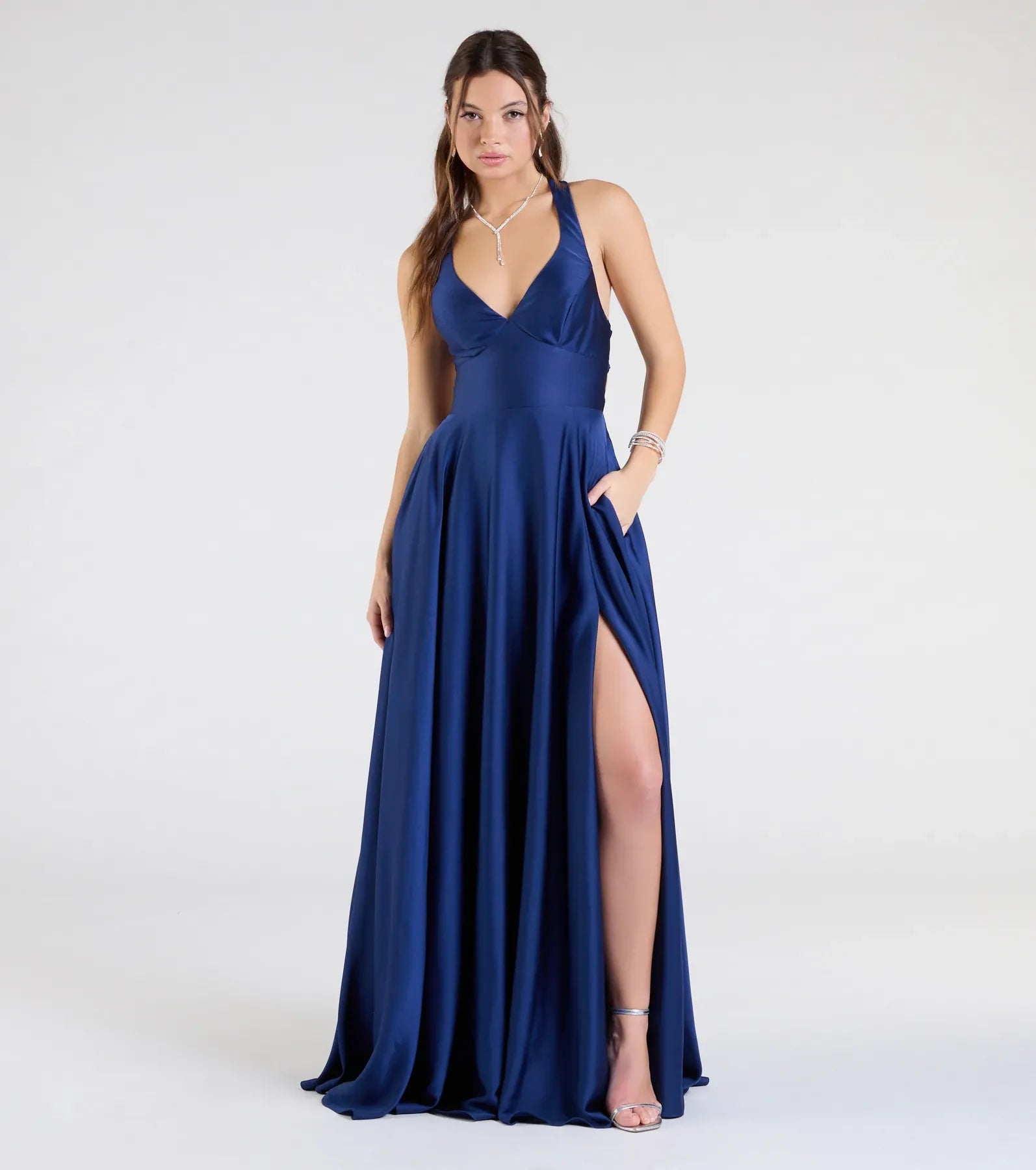 Elegant A-Line V-Neck Sleeveless Lace-Up Back Navy Blue Floor-Length Prom Gown