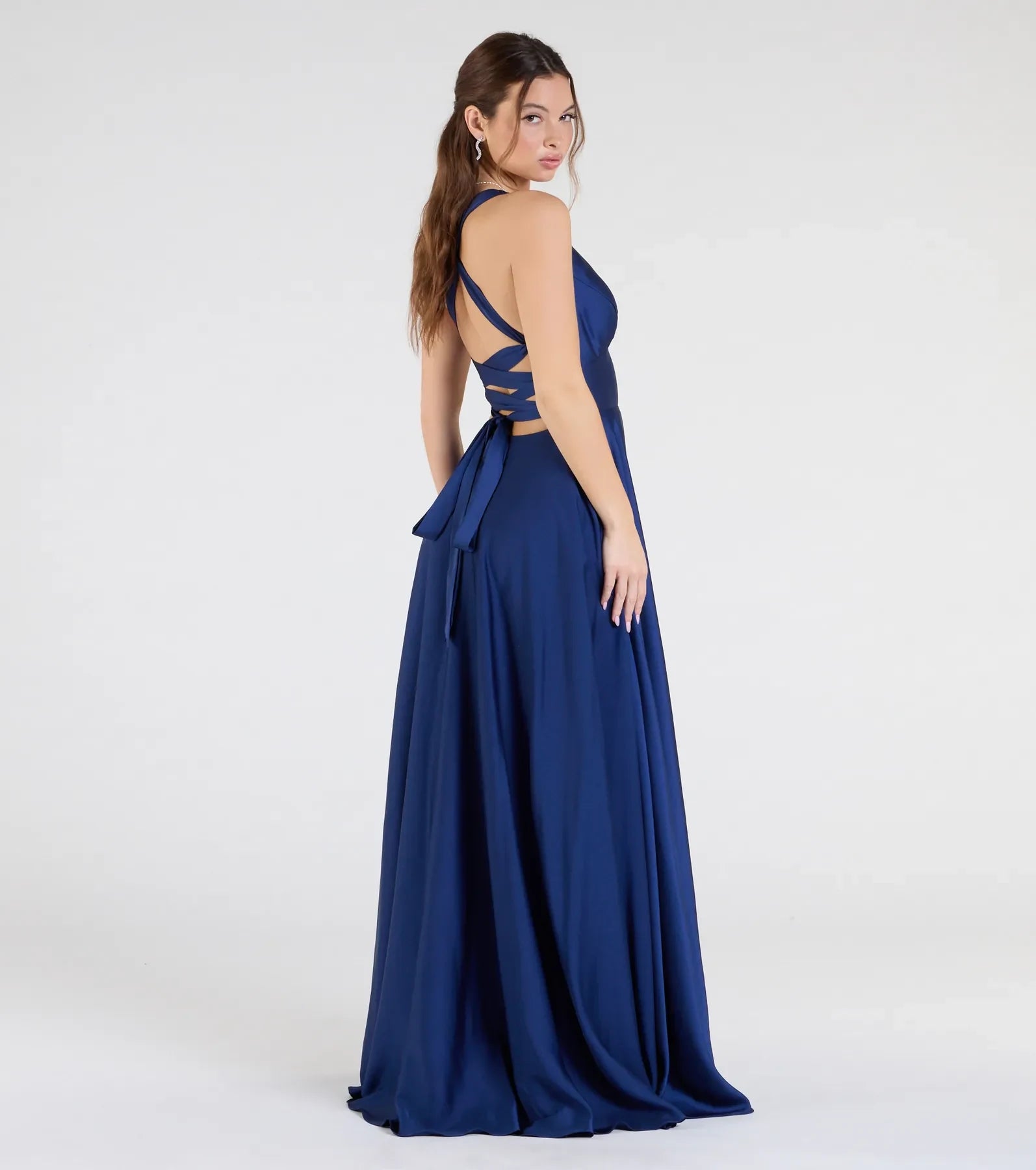 Elegant A-Line V-Neck Sleeveless Lace-Up Back Navy Blue Floor-Length Prom Gown
