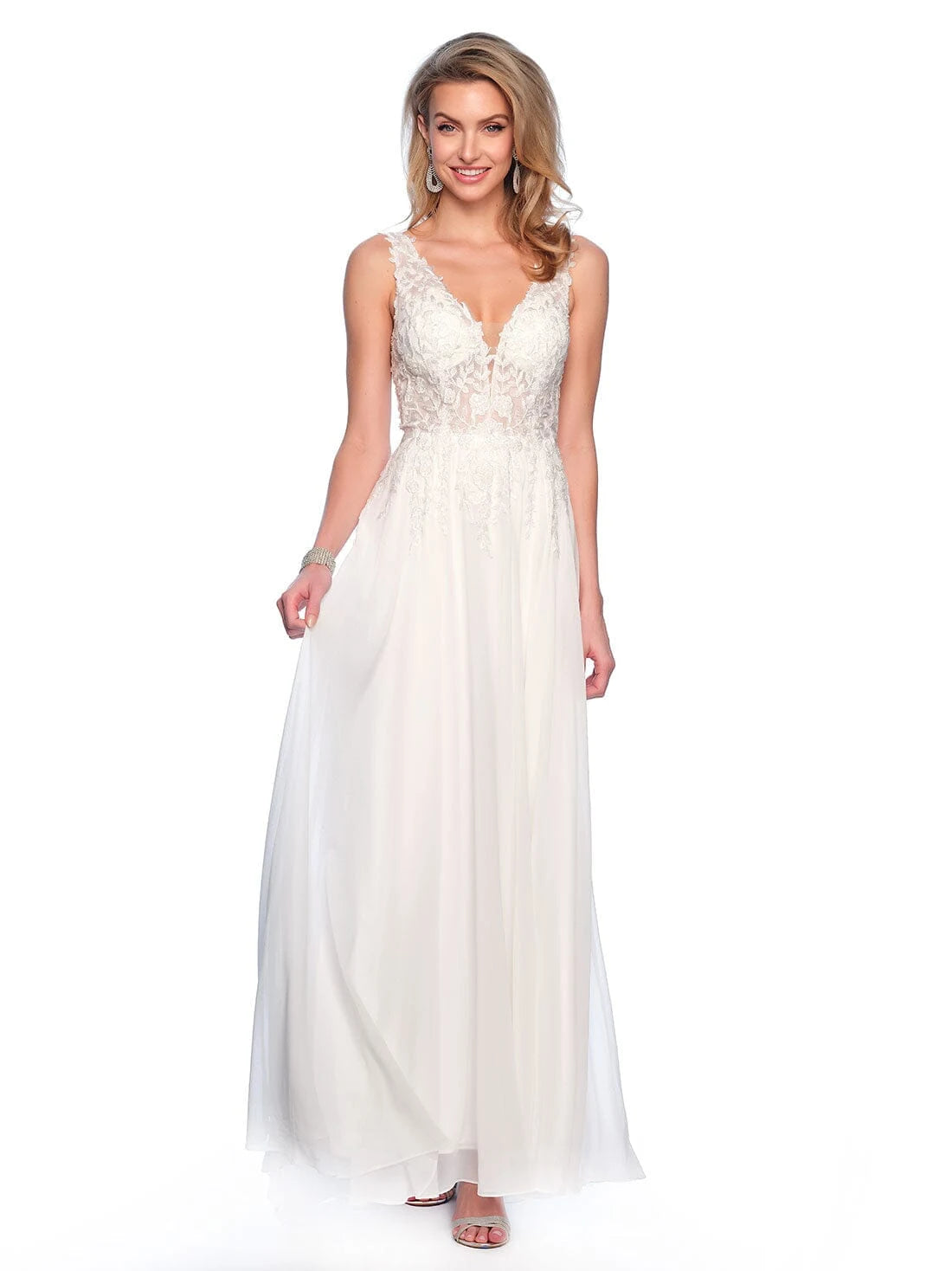 Elegant A-Line V-Neck Sleeveless Lace Ivory Floor-Length Prom Dress Gown