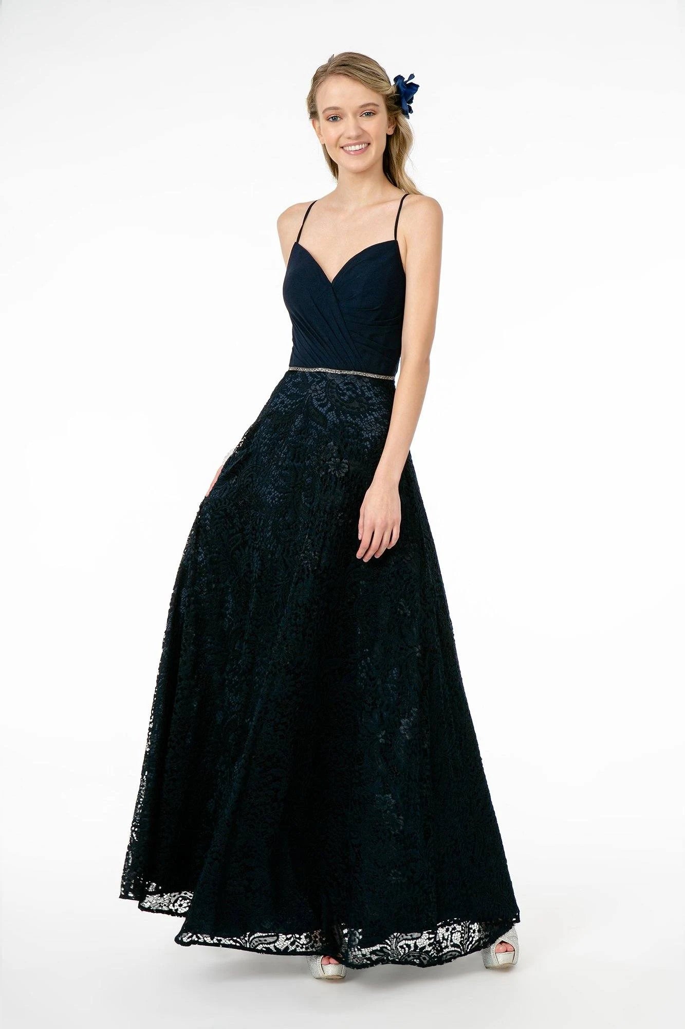 Elegant A-Line V-Neck Sleeveless Lace Open-Back Navy Blue Floor-Length Prom Dresses Women's Gown