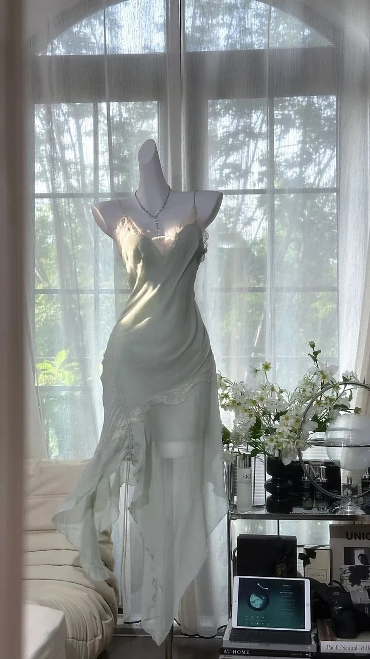 Elegant A-Line V-Neck Sleeveless Lace Trim Mint Green Asymmetrical Homecoming Dress