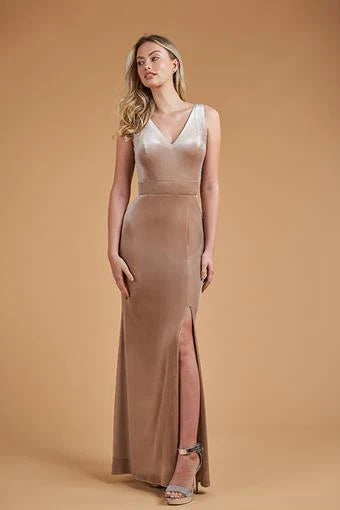 Elegant A-Line V-Neck Sleeveless Open Back Taupe Floor-Length Prom Gown