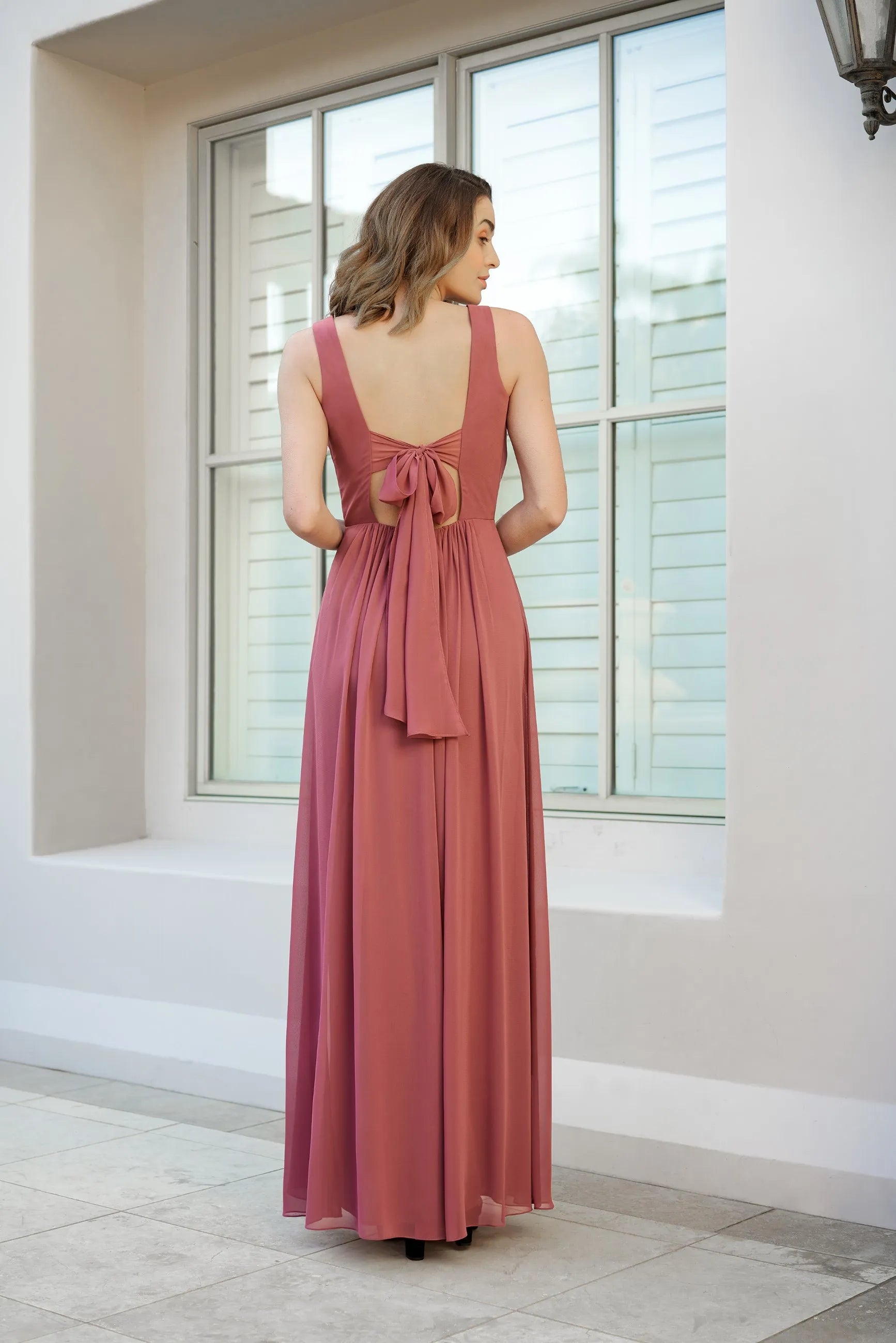 Elegant A-Line V-Neck Sleeveless Pleated Dusty Rose Floor-Length Prom Gown