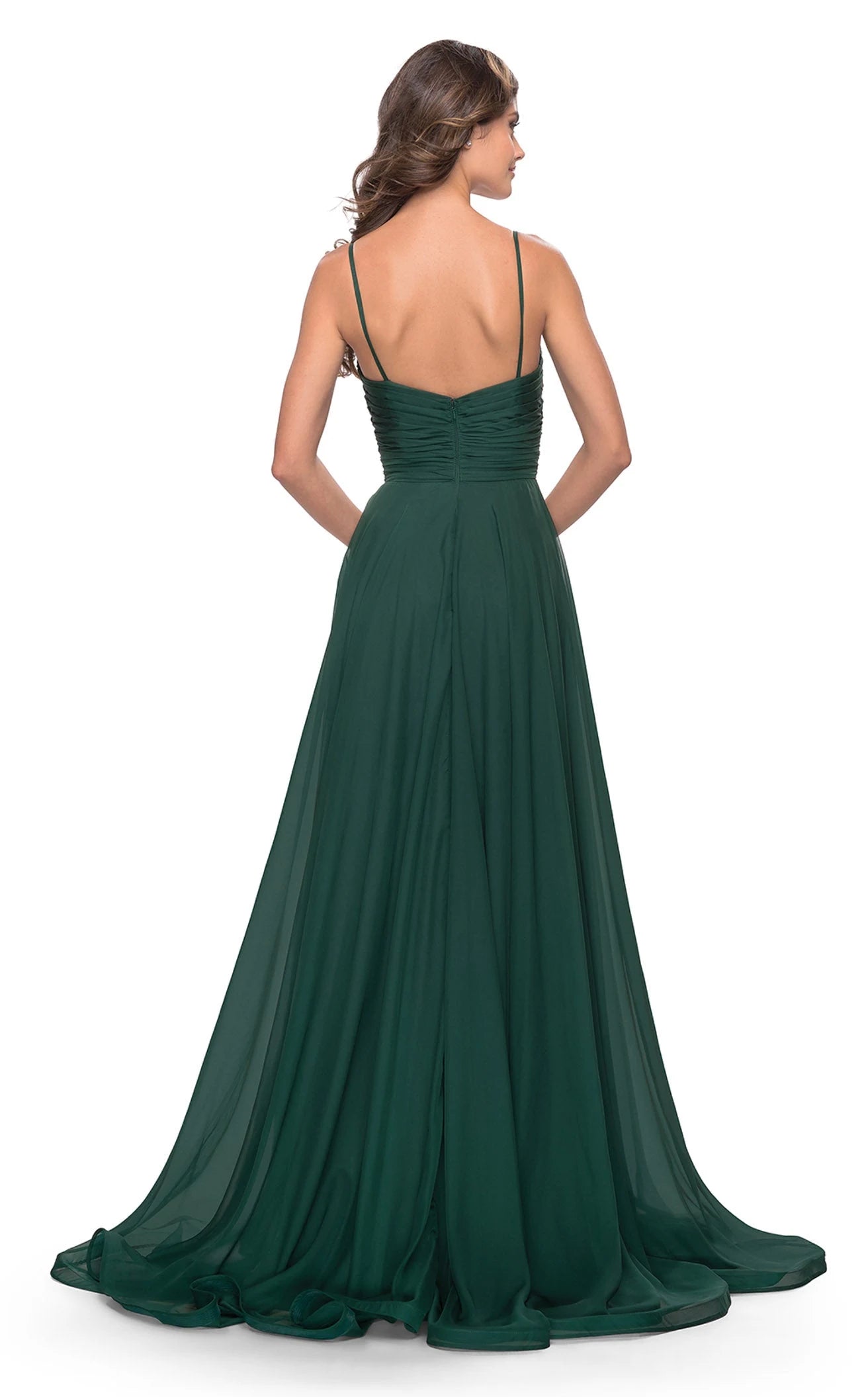 Elegant A-Line V-Neck Sleeveless Pleated Slit Dark Green Floor-Length Prom Gown