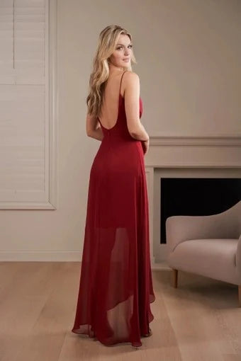 Elegant A-Line V-Neck Sleeveless Ruched High-Low Wine Red Floor-Length Prom Dress