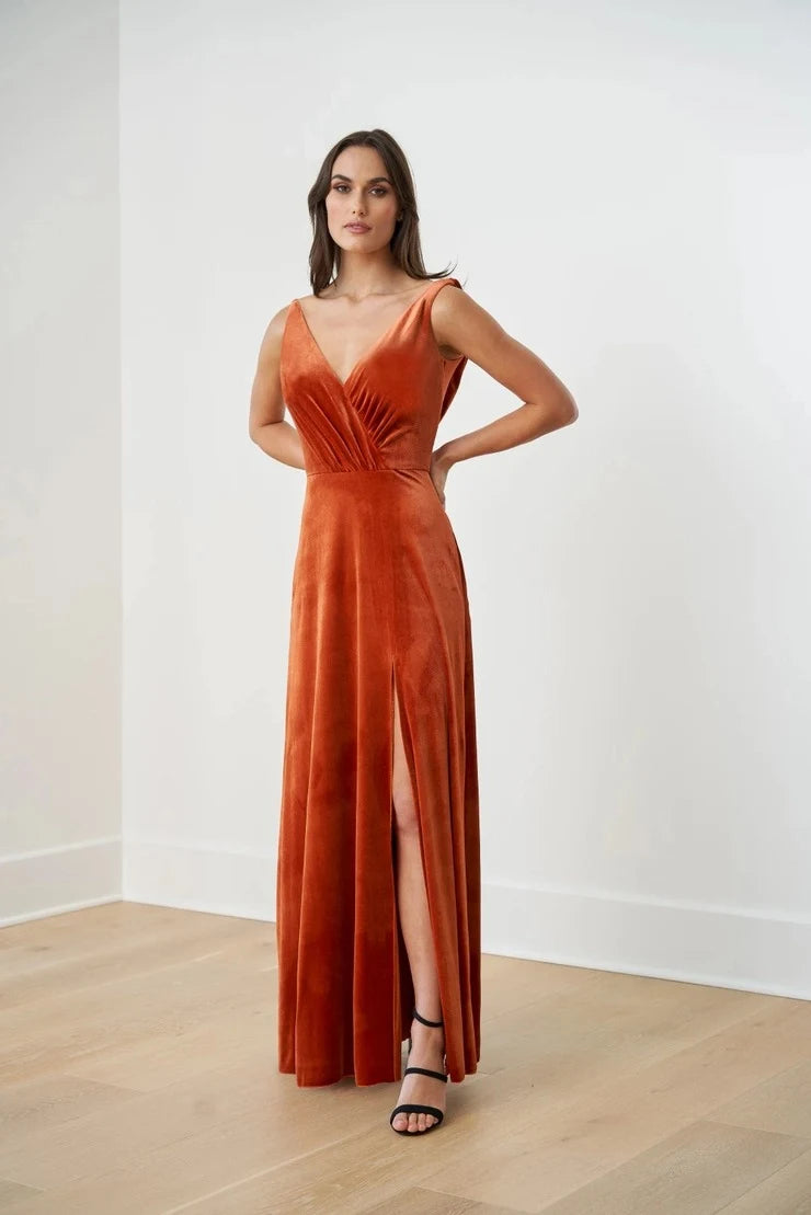 Elegant A-Line V-Neck Sleeveless Ruched High-Slit Terracotta Floor-Length Prom Gown