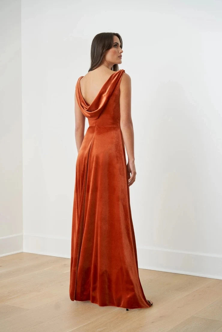 Elegant A-Line V-Neck Sleeveless Ruched High-Slit Terracotta Floor-Length Prom Gown