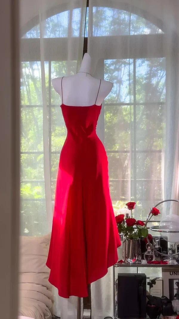 Elegant A-Line V-Neck Sleeveless Ruched Red High-Low Homecoming Dress Women's Gown