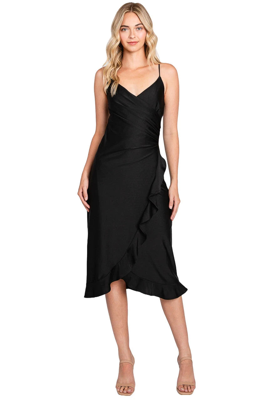Elegant A-Line V-Neck Sleeveless Ruched Ruffled Black Midi Homecoming Dress