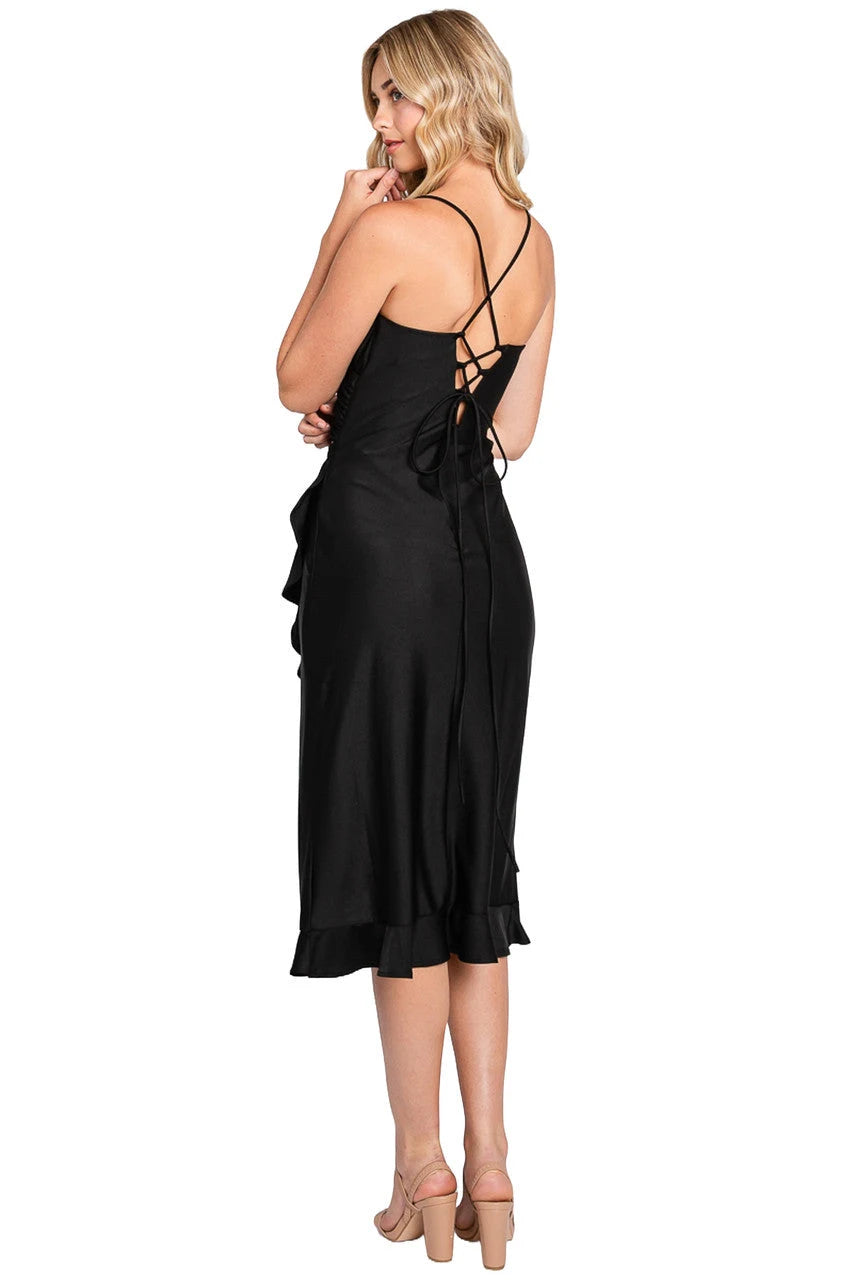 Elegant A-Line V-Neck Sleeveless Ruched Ruffled Black Midi Homecoming Dress