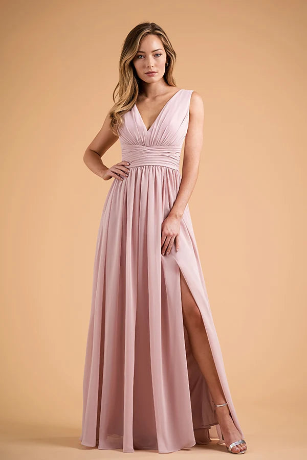 Elegant A-Line V-Neck Sleeveless Ruched Slit Dusty Pink Long Prom Dress Women