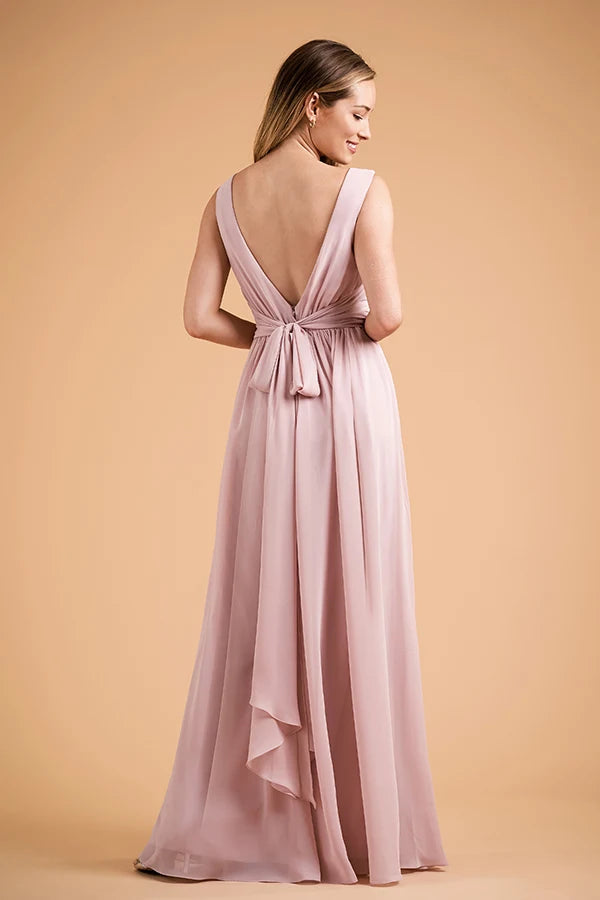Elegant A-Line V-Neck Sleeveless Ruched Slit Dusty Pink Long Prom Dress Women