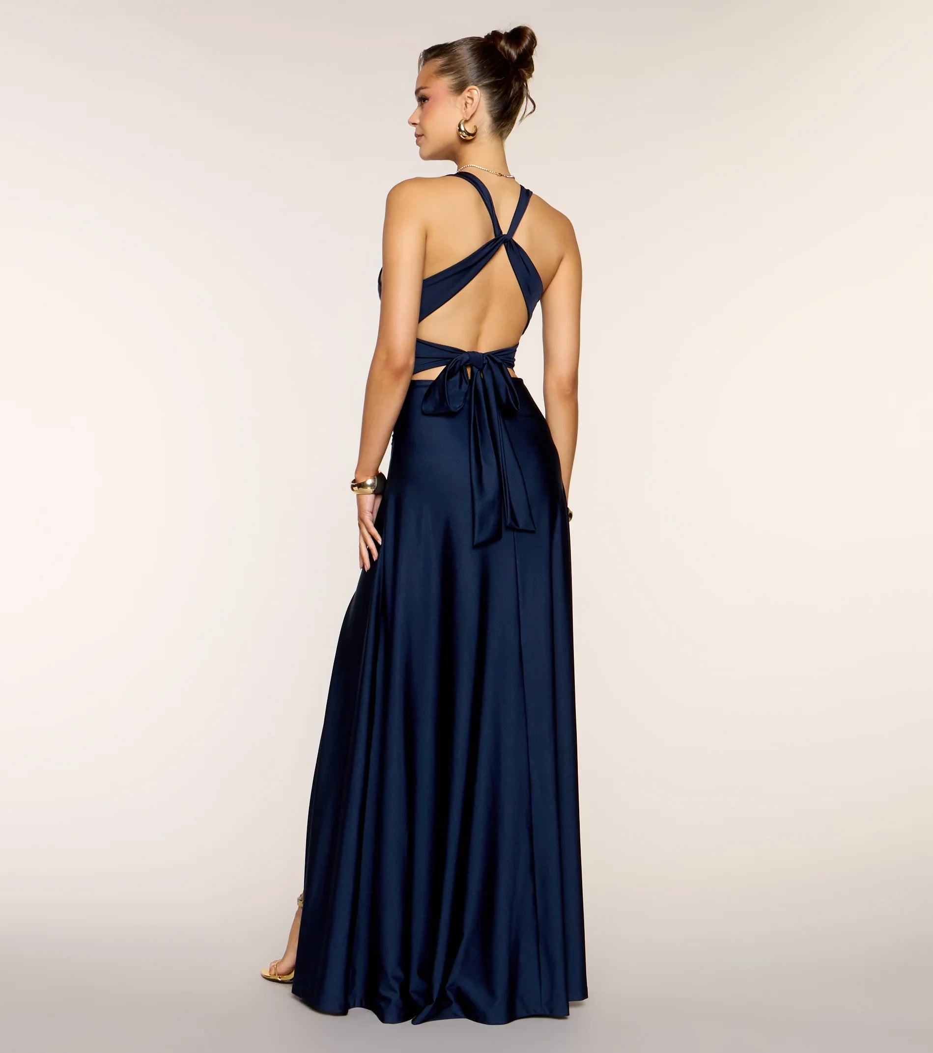 Elegant A-Line V-Neck Sleeveless Ruched Slit Navy Floor-Length Prom Dress