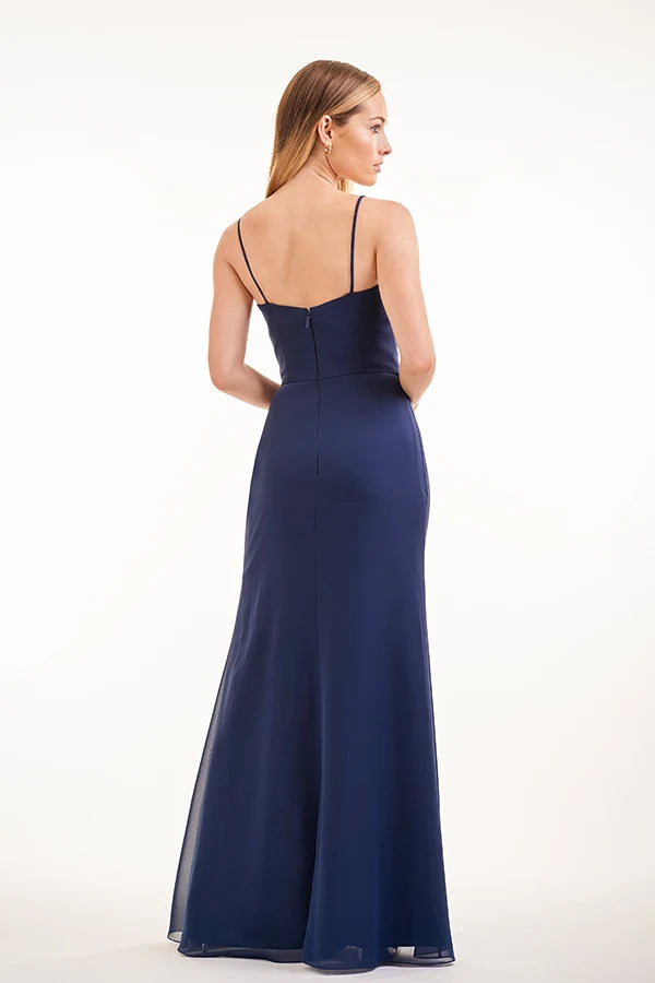Elegant A-Line V-Neck Sleeveless Ruched Slit Navy Floor-Length Prom Dress Gown