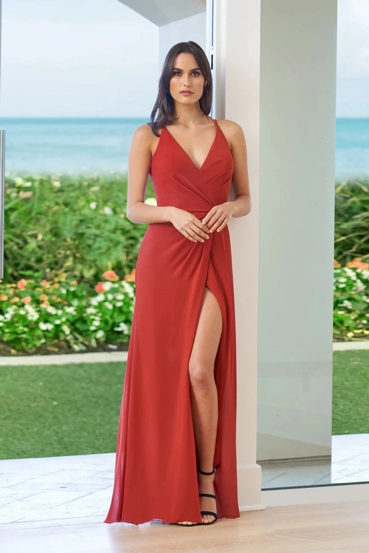 Elegant A-Line V-Neck Sleeveless Ruched Slit Rust Floor-Length Prom Dress