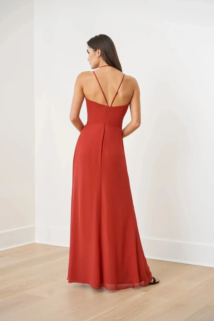 Elegant A-Line V-Neck Sleeveless Ruched Slit Rust Floor-Length Prom Dress
