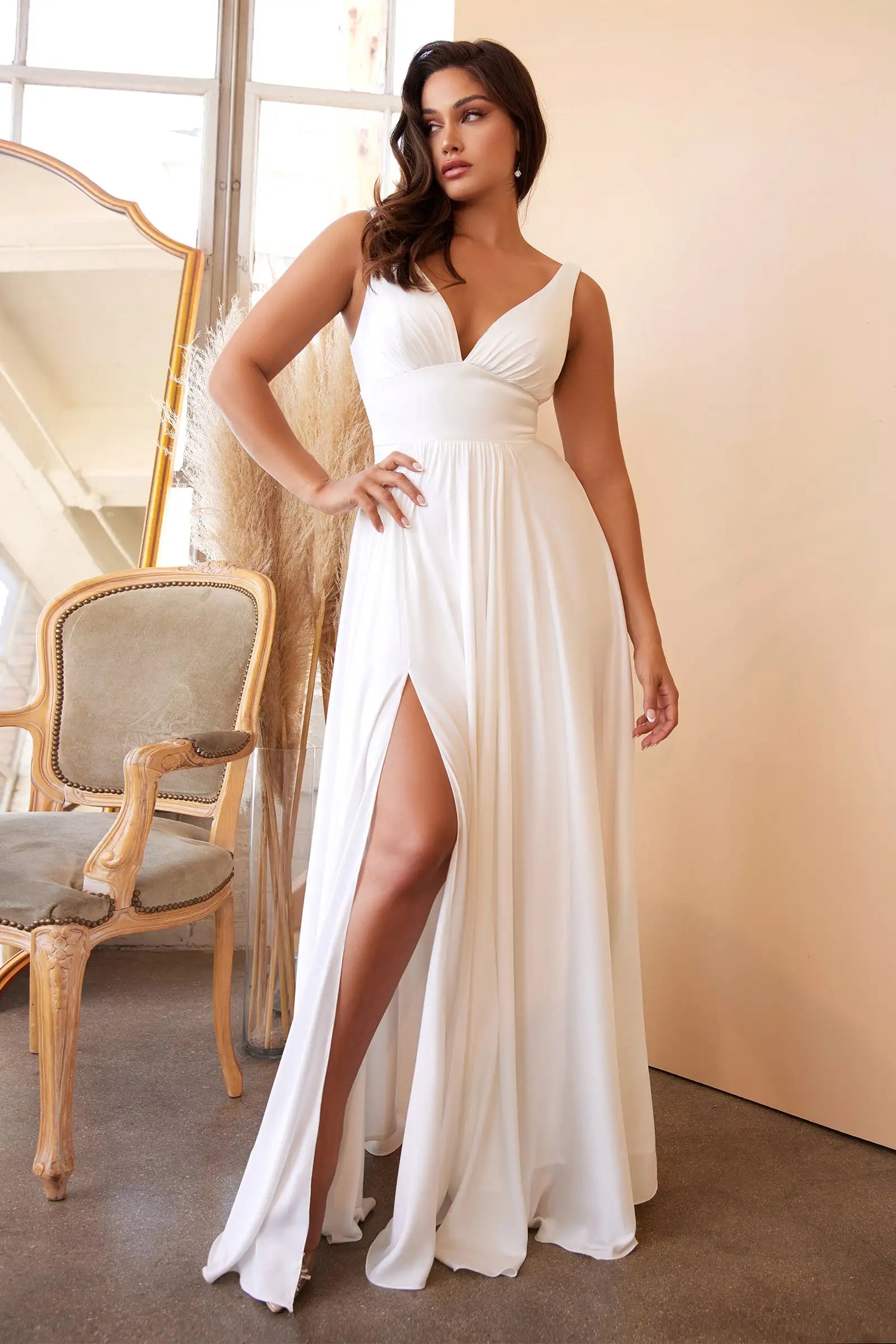 Elegant A-Line V-Neck Sleeveless Ruched Slit White Floor-Length Prom Gown
