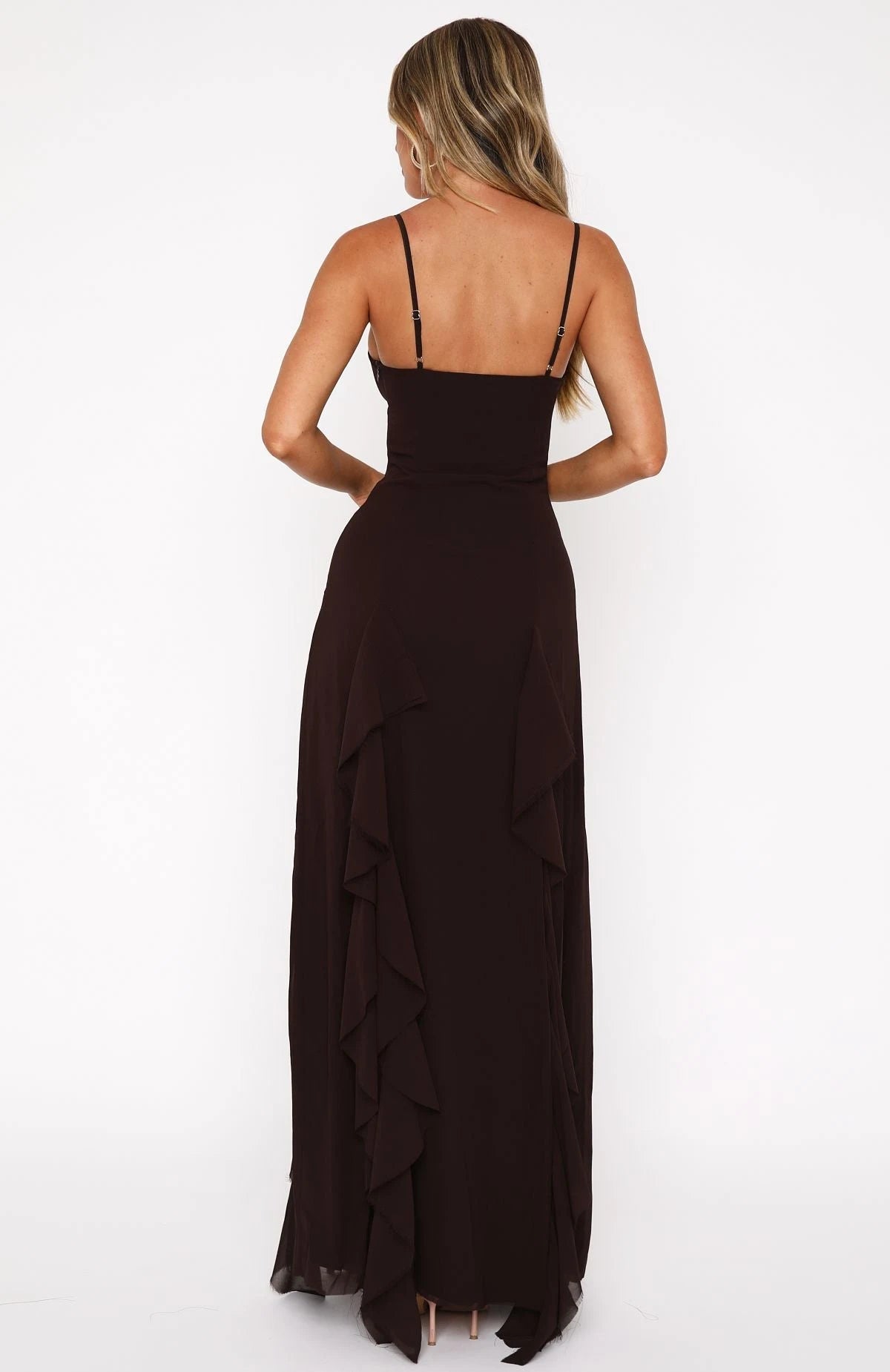 Elegant A-Line V-Neck Sleeveless Ruffled Dark Brown Maxi Prom Dress Women's