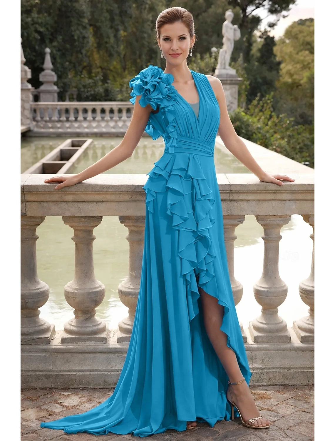 Elegant A-Line V-Neck Sleeveless Ruffled High-Low Turquoise Floor-Length Prom Dresses Women's Gown
