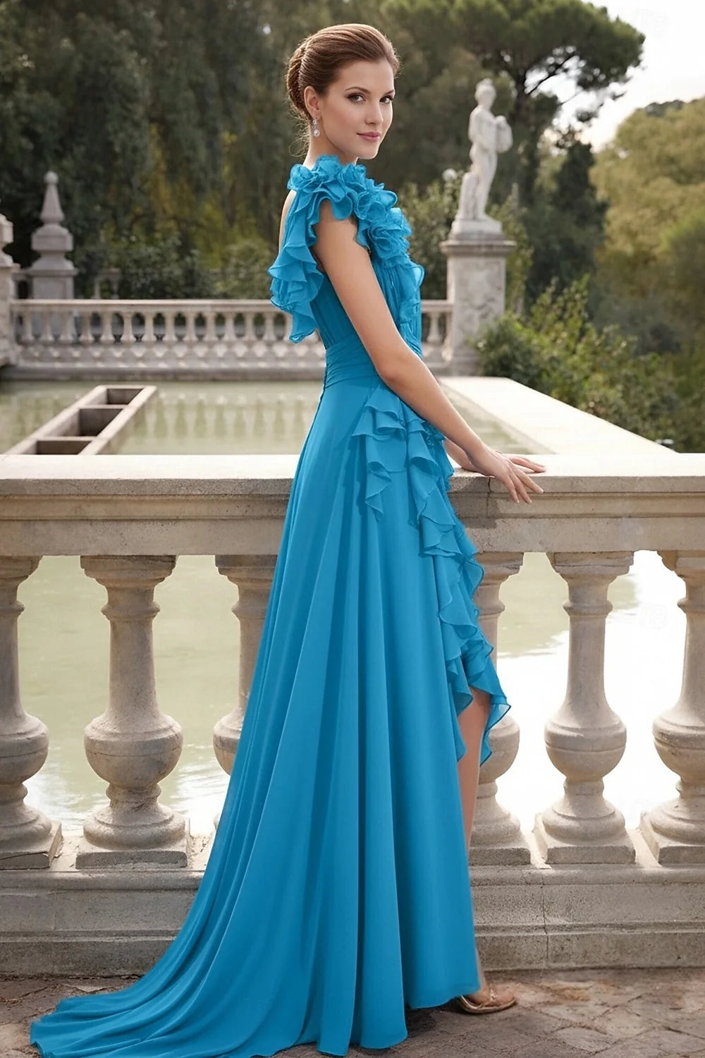Elegant A-Line V-Neck Sleeveless Ruffled High-Low Turquoise Floor-Length Prom Dresses Women's Gown